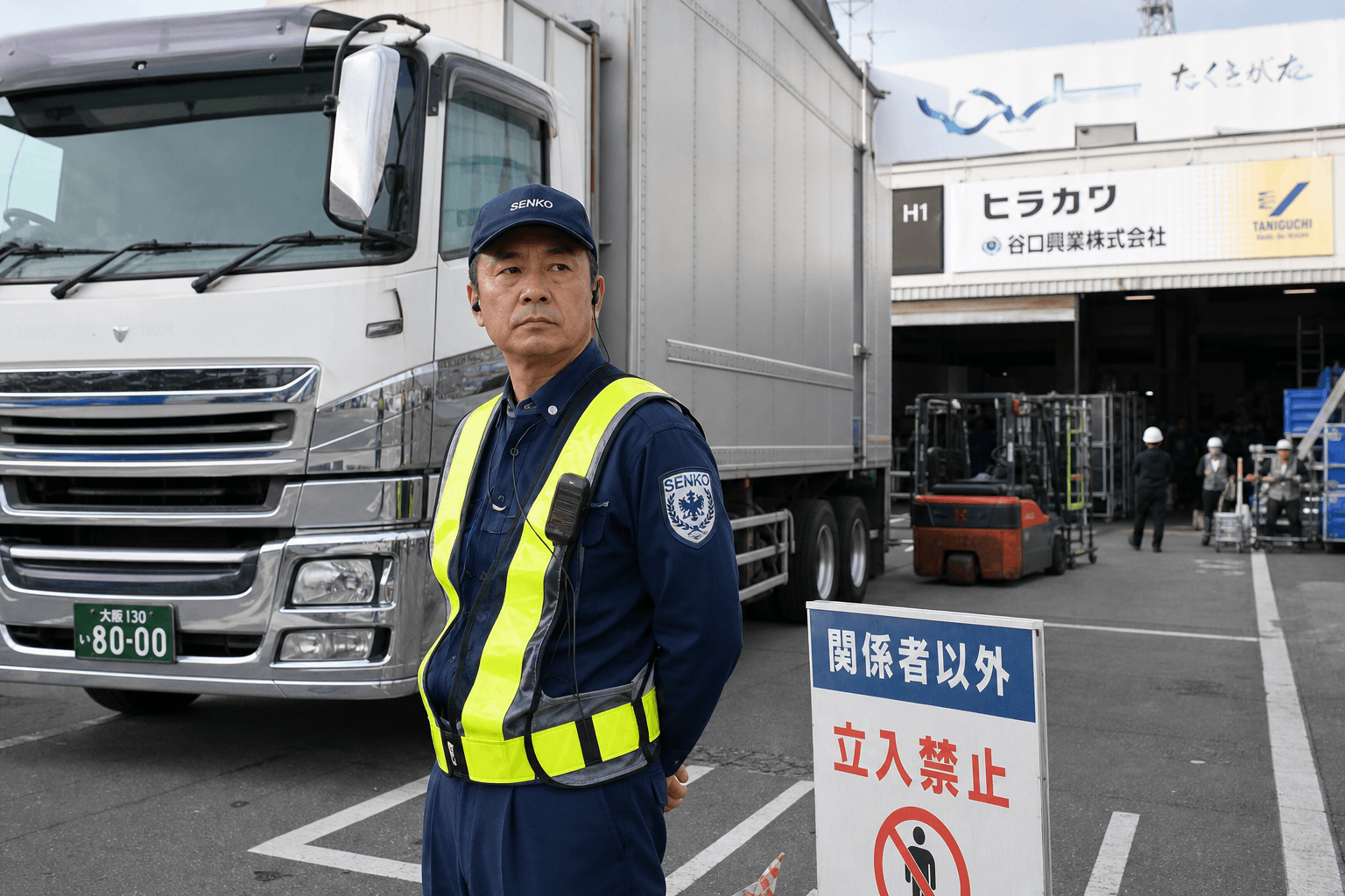 荷役エリアでトラック周辺を見守る反射ベスト姿の警備員