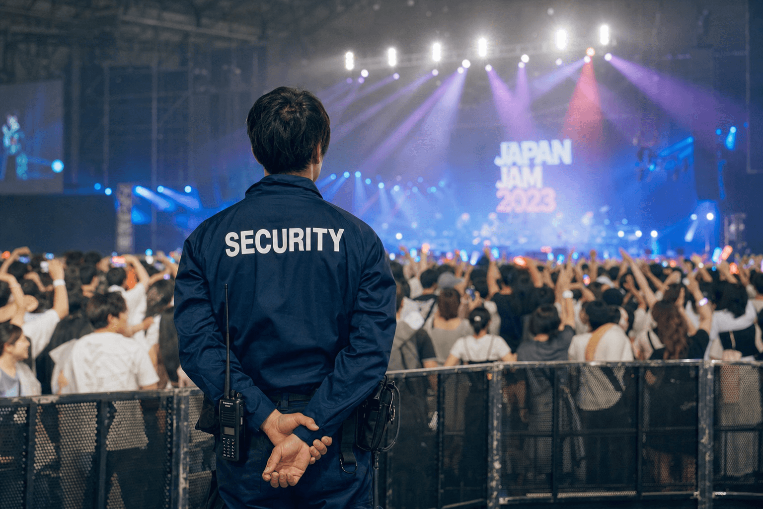 ライブ会場でTOP ON SECURITYの制服を着用し警備にあたるスタッフ