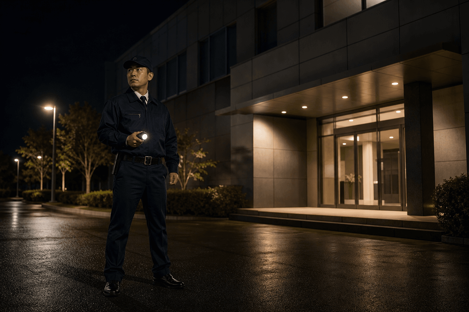 夜間の無人施設前で懐中電灯を持ち警戒にあたる警備員