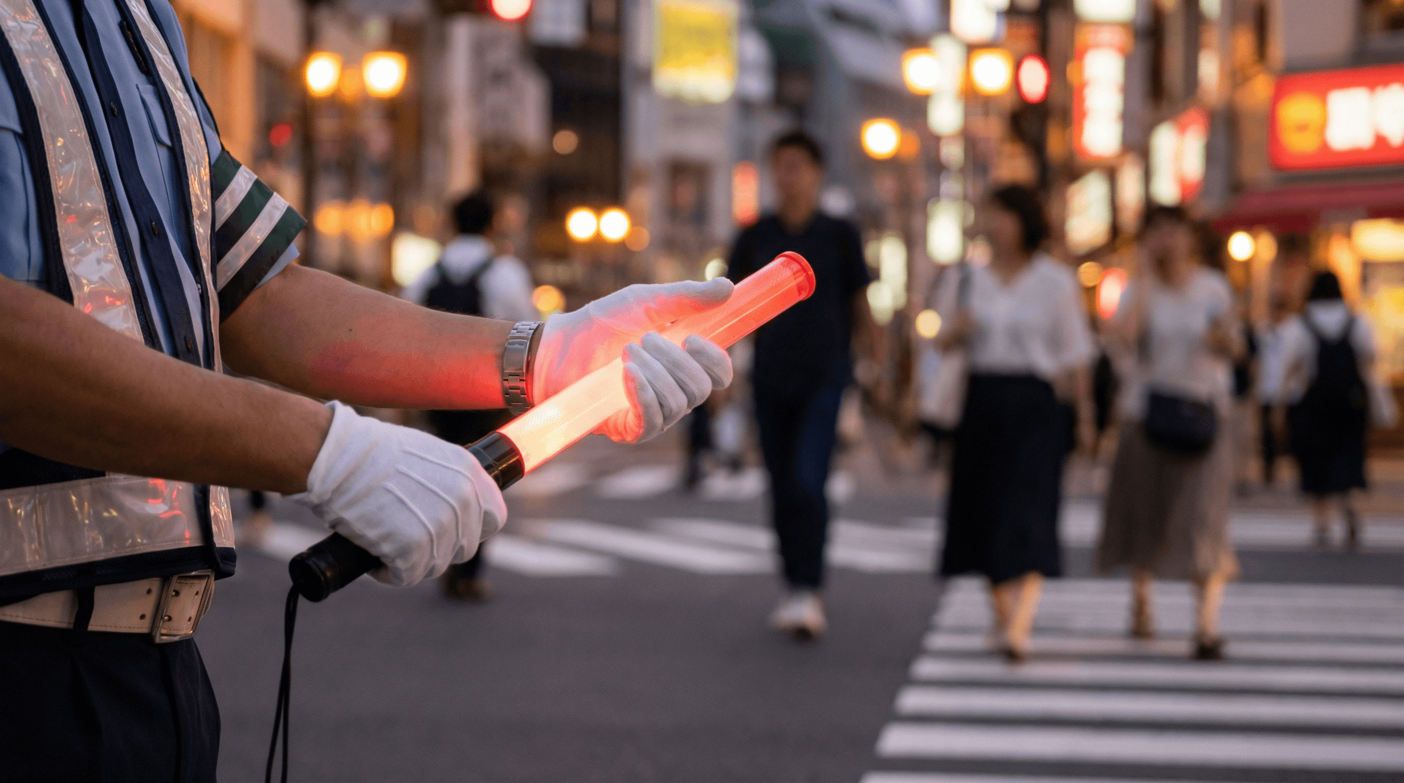 警備員の手元と誘導灯