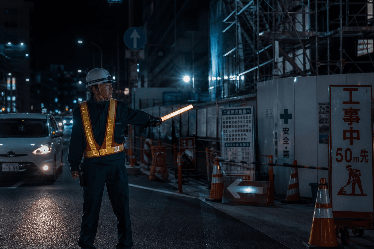 夜間工事現場でLED誘導棒を持ち交通誘導する反射ベスト姿の警備スタッフ