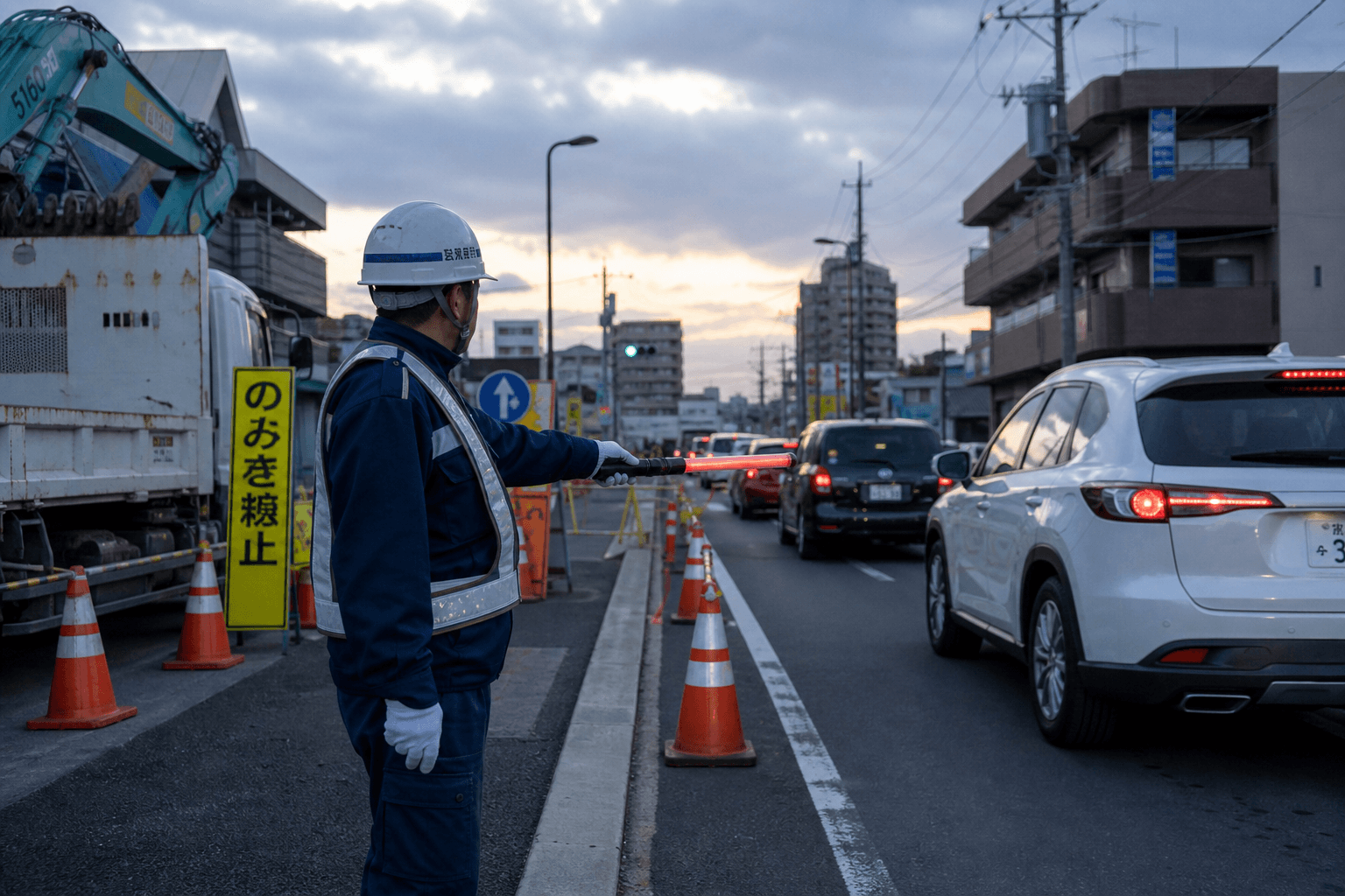 車線規制のコーンが並ぶ道路で交通誘導を行う反射ベスト姿の警備員