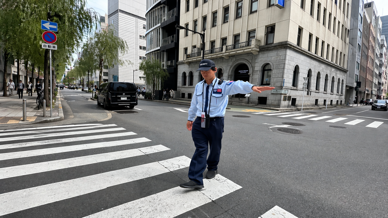 横断歩道で交通誘導を行う制服姿の警備員